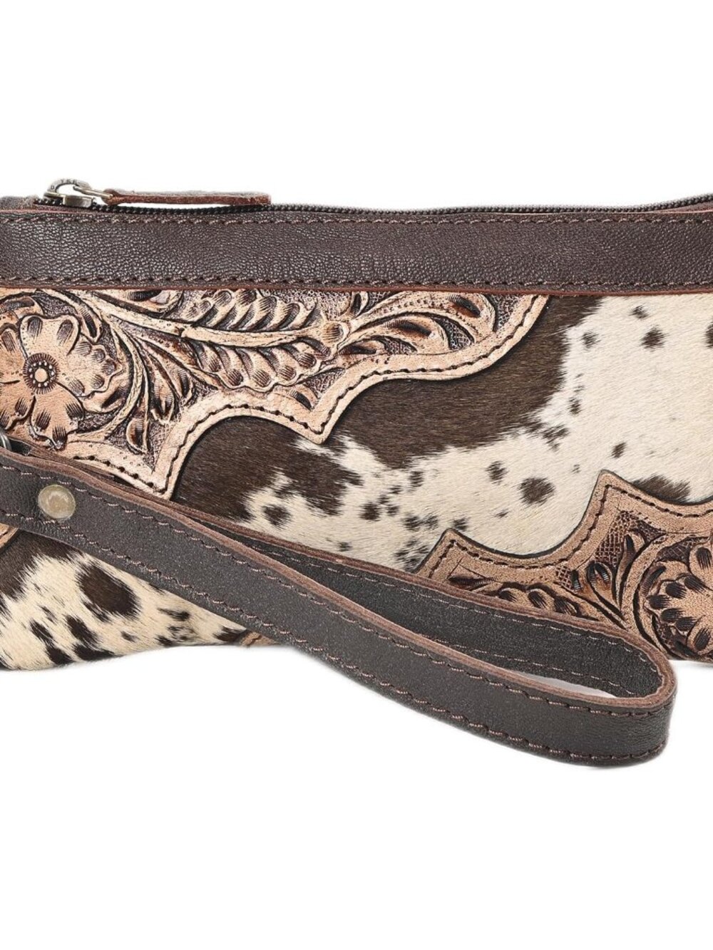 Women Hand tooled Natural Cowhide Leather hand Clutch Bag Coin Purse